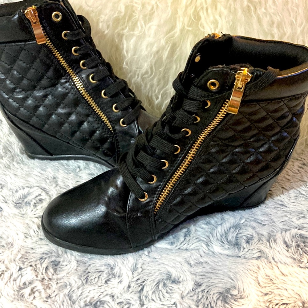 Black wedge boots cute with jeans or a little skirt.